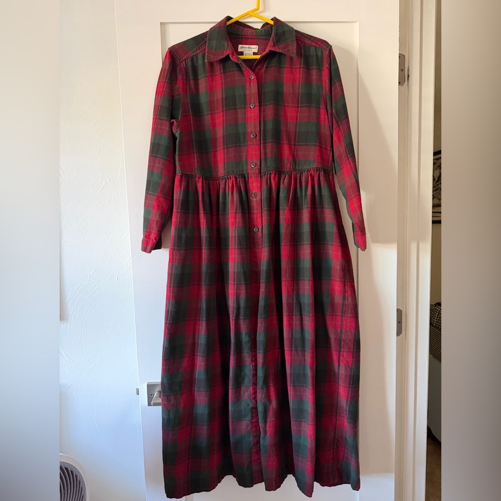 Vintage Eddie Bauer Red and Green Plaid Long Sleeve Maxi Dress